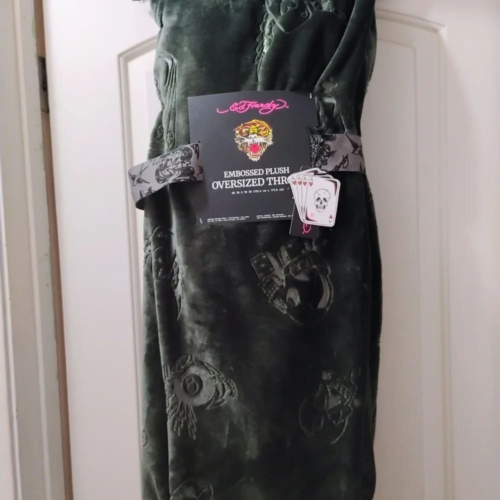 Ed Hardy Dark Green Embossed Plush Oversized Throw
